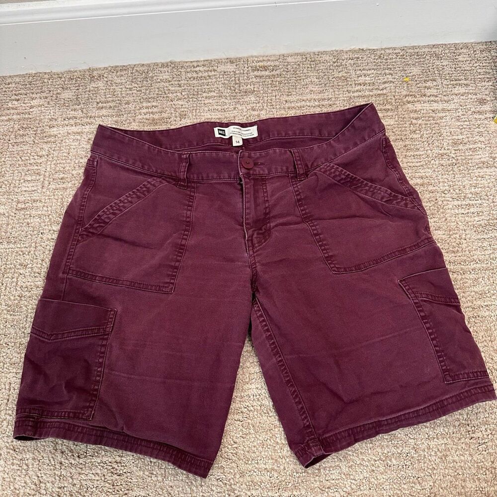 MEC Mountain Equipment Women 14 Cargo Shorts Plum Purple Organic Cotton Stretch